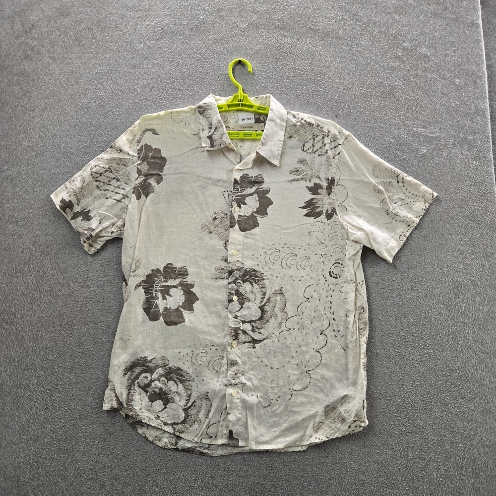 Calvin Klein Men Button Up Shirt XL Cream Linen Floral Hawaiian Short Sleeve